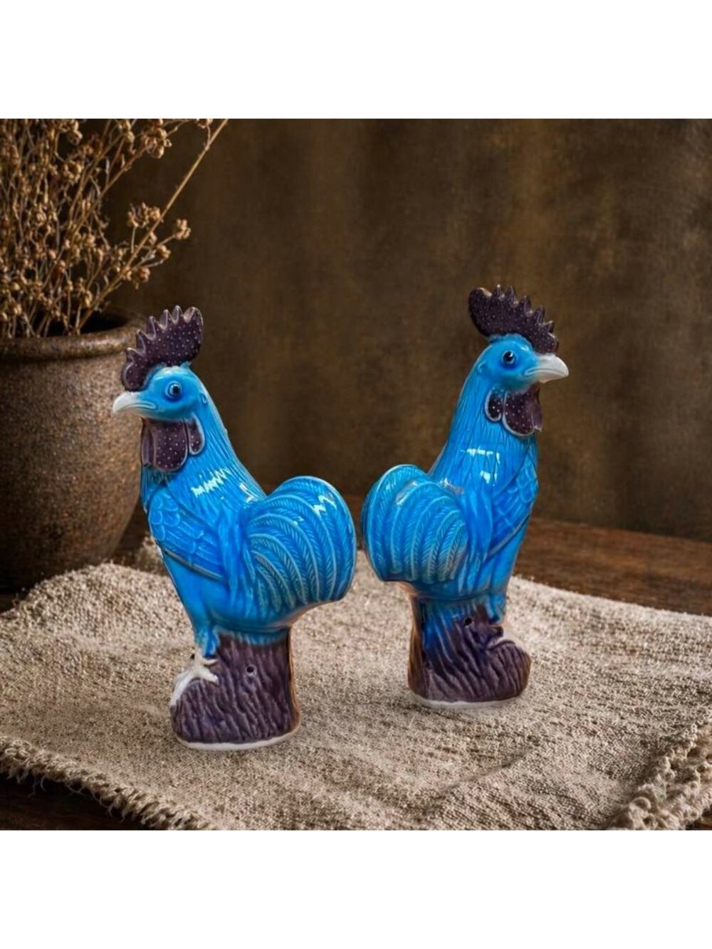 Vintage Turquoise Rooster Figurine Pair MTC Taiwan | Aubergine Glazed Chinoiseri - Picture 10 of 12